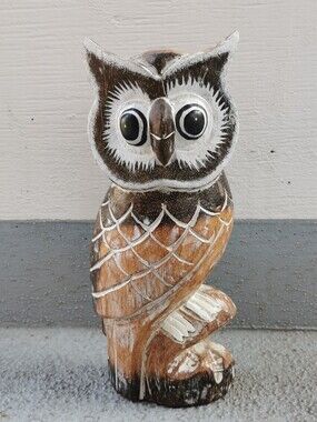 Vintage Hand-Carved Wooden Owl Figurine 12” Rustic Home Decor